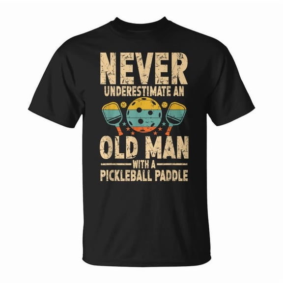Old Man Pickleball Paddle Graphic Cotton T-Shirt Men Adult Soft Breathable Tee Casual Wear Comfortable Everyday Outfit, Size L, Color Black