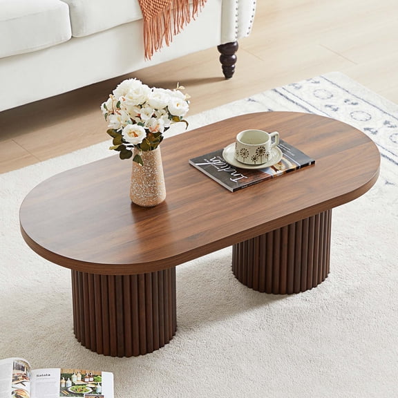 Wirrytor Oval Fluted Coffee Table, Farmhouse Wood Coffee Table Mid Century Modern Center Table Boho Living Room Tables for Living Room Office (Walnut)