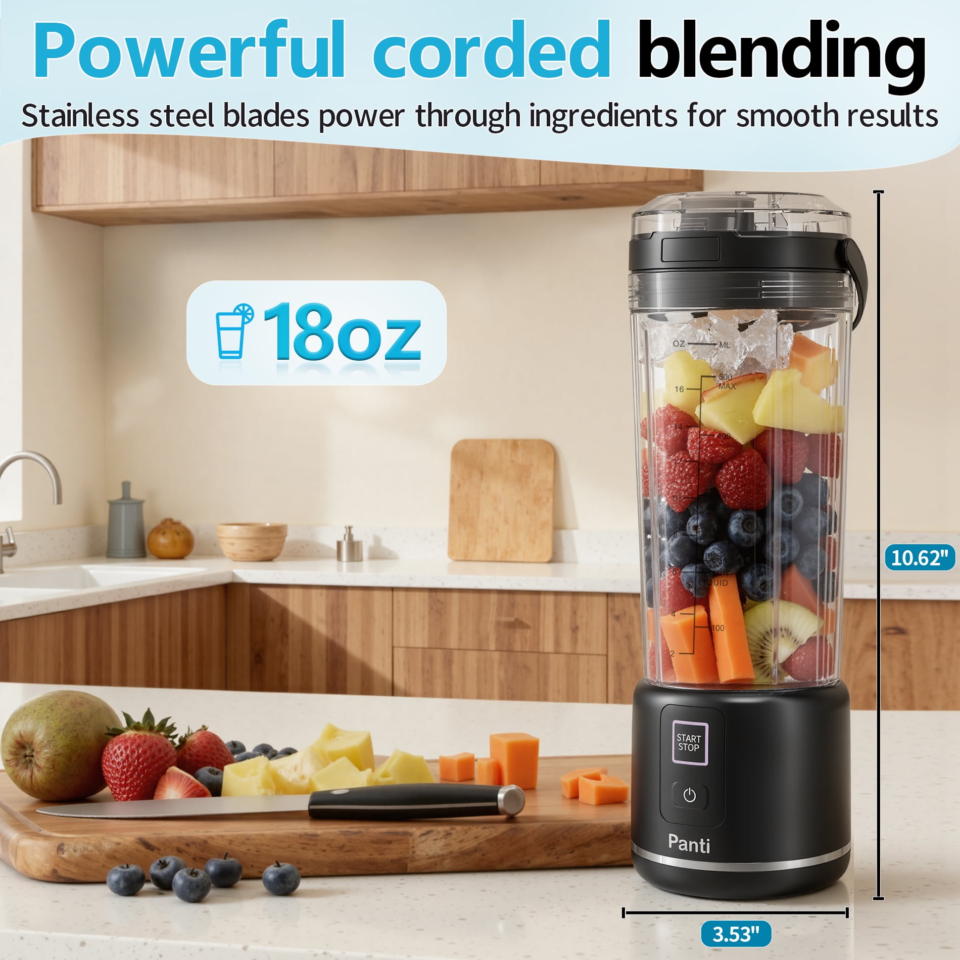 Panti Portable Blender, Cordless,18oz. USB-C Rechargeable Personal Blender for Shakes & Smoothies, BPA Free, Cover with Handle,USB-C Rechargeable, Dishwasher Safe Parts, Black