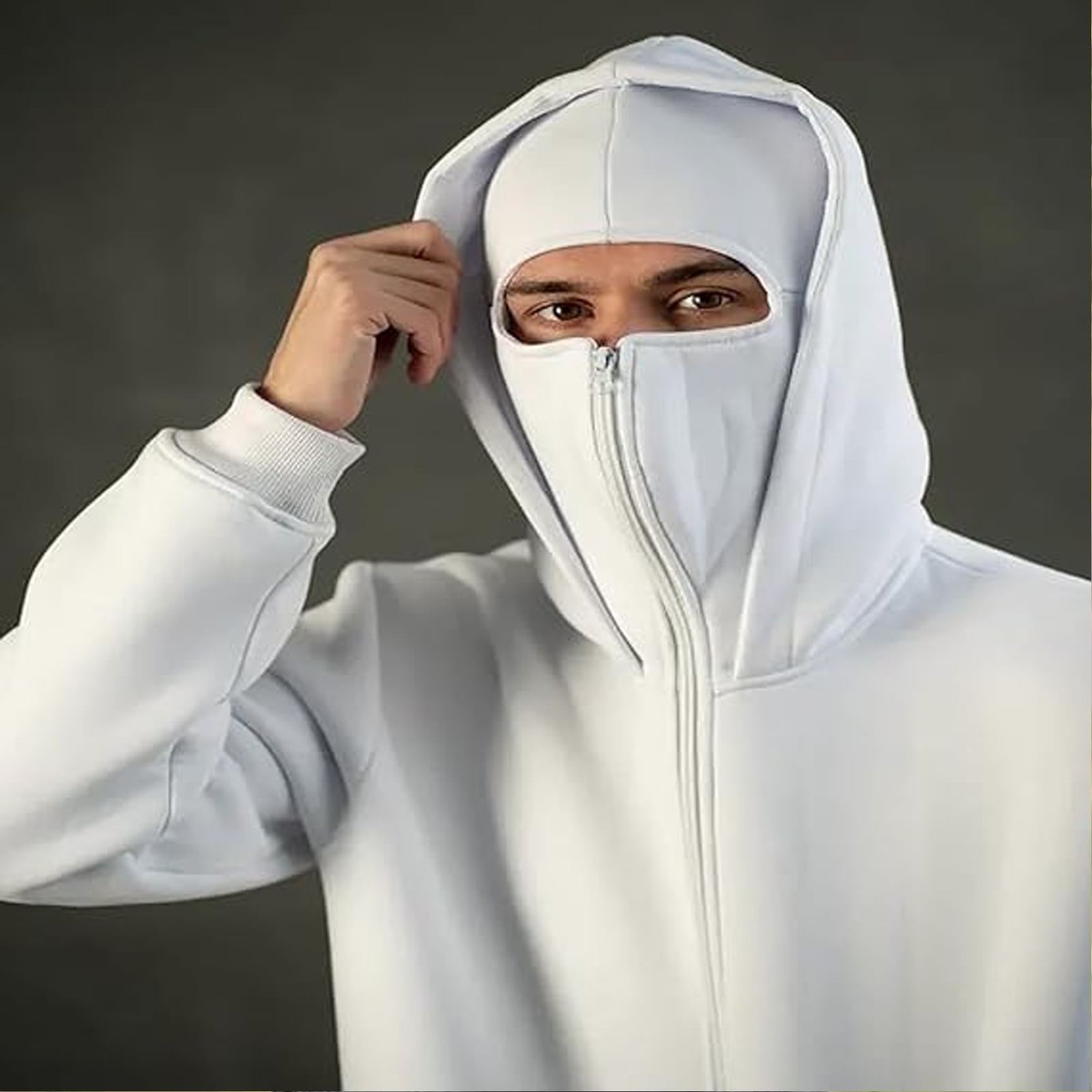 Homeyce Balaclava Ninja Zipper Hoodie with Face Mask Zip Up Hoodies Double Hooded Wind-Resistant Hooded Coat Balaclava Warm Sports Casual Bicycle Streetwear,Gray M