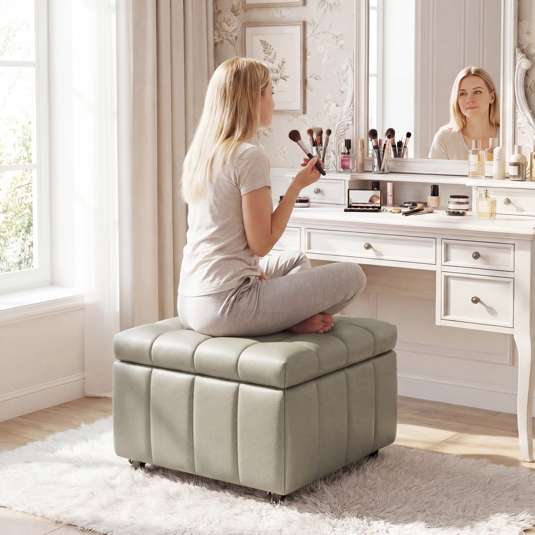 Poshby Square Faux Leather Storage Ottoman, Coffee Table Footrest Stool with Pulley Legs for Living Room or Bedroom, Grey
