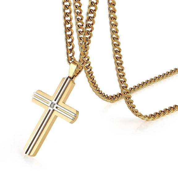 HZMAN Gold Cross Necklace for Men Women Stainless Steel High Polished Double Layer Cross Necklace Pendant Christian Jewelry Gift with 24Inch Cuban Chain
