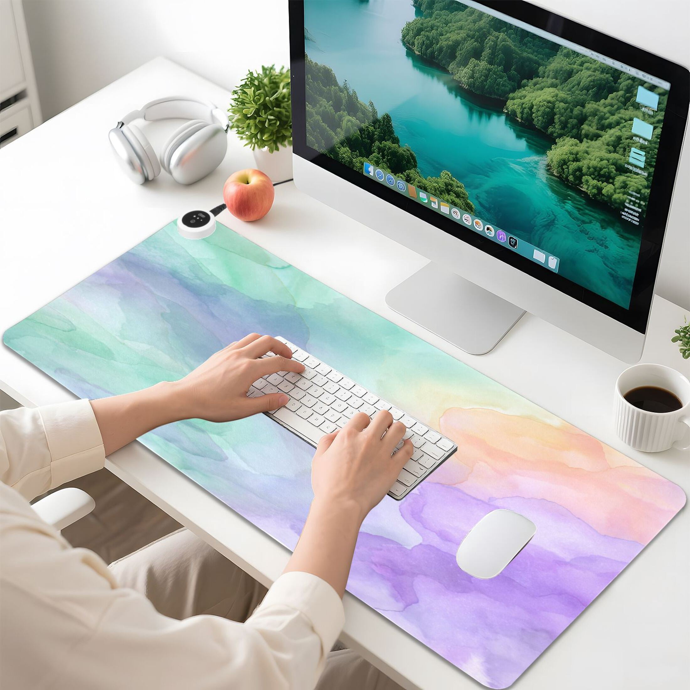Large Heated Desk Mat Mouse Pad 31.5"x13"PU Leather Graphene Heating Desk Warmer with 3 Temperature Settings 110V US Plug Non-Slip Warm Pad for Home, Office, and Gaming Mint Peach Lavender Wash