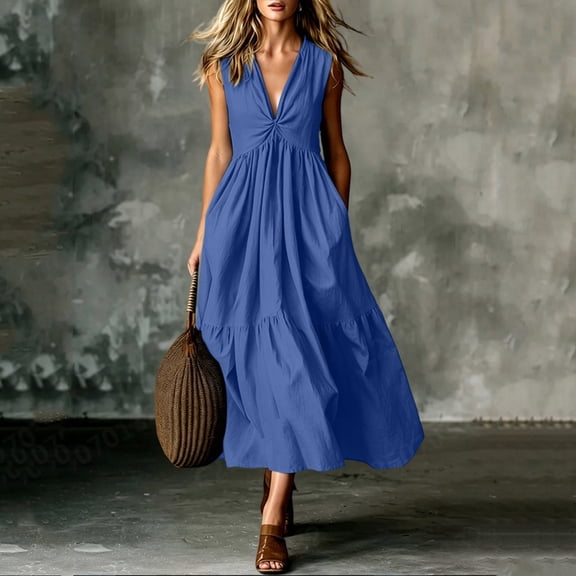 Women's Halter V-Neck Maxi Dress, Sleeveless High Waist Flowy Dress with Button Detail, Casual Cotton-Linen Look Sundress, Elegant Summer Dress for Beach Vacation and Evening Events Blue b L