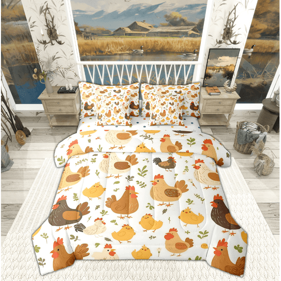 Manfei Farm Animal Bedding Sets Twin Size, Cartoon Rooster Bed in a Bag Twin size, Rustic Farmhouse Reversible Comforter Sets with Sheets, Lightweight Room Decoration, 7-Piece