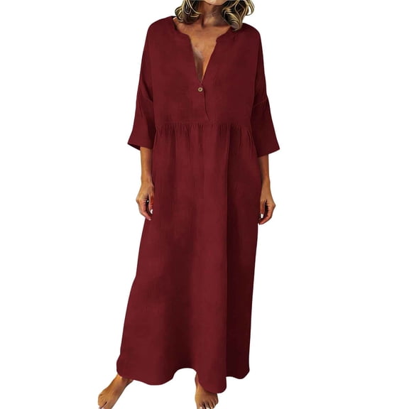 Womens Summer Cotton Linen Maxi Dress Short Sleeve V Neck Boho Ruffle Flowy Casual Loose Long Dresses (XL, Red)