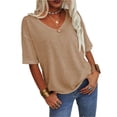 thumbnail image 2 of Women's Summer V-neck Solid Color Half Sleeve Match Simple Casual T-shirt Tops, 2 of 5