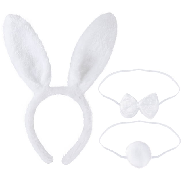 LUOEM - Juego de 3 diademas con orejas de conejo para niños y adultos, con lazo y cola, para disfraz de fiesta de cosplay (blanco)