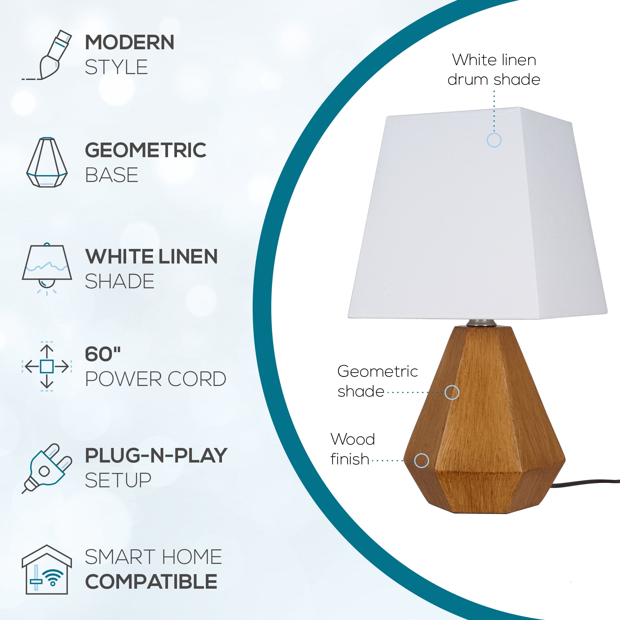 Catalina Lighting Geometric Table Lamp, 13.5 in, Natural Finish Look with White Fabric Shade