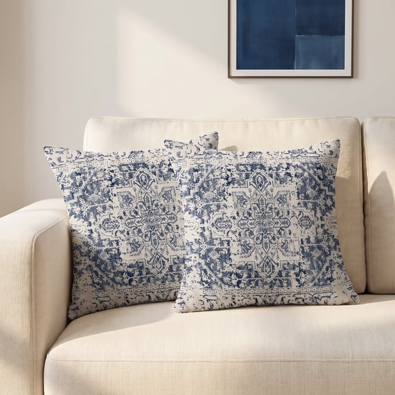 Boho Pillow Covers 18x18 Set of 2, Blue Linen Boho Throw Pillow Covers, Decorative Cushion Cases for Couch Sofa Bed Outdoor Furniture
