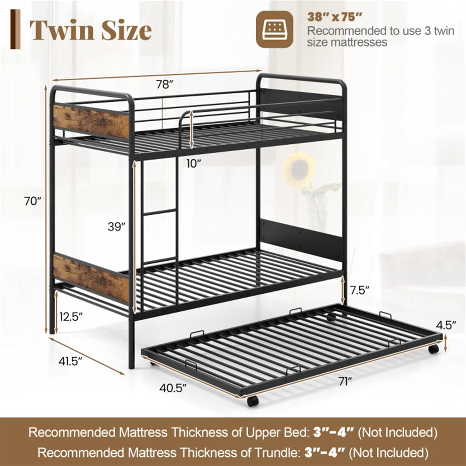 Demi Bonn Twin Over Twin Bunk Bed with Ladder and Full-length Guardrails, Metal Bunkbeds with Trundle for Bedroom, No Box Spring Needed, Black