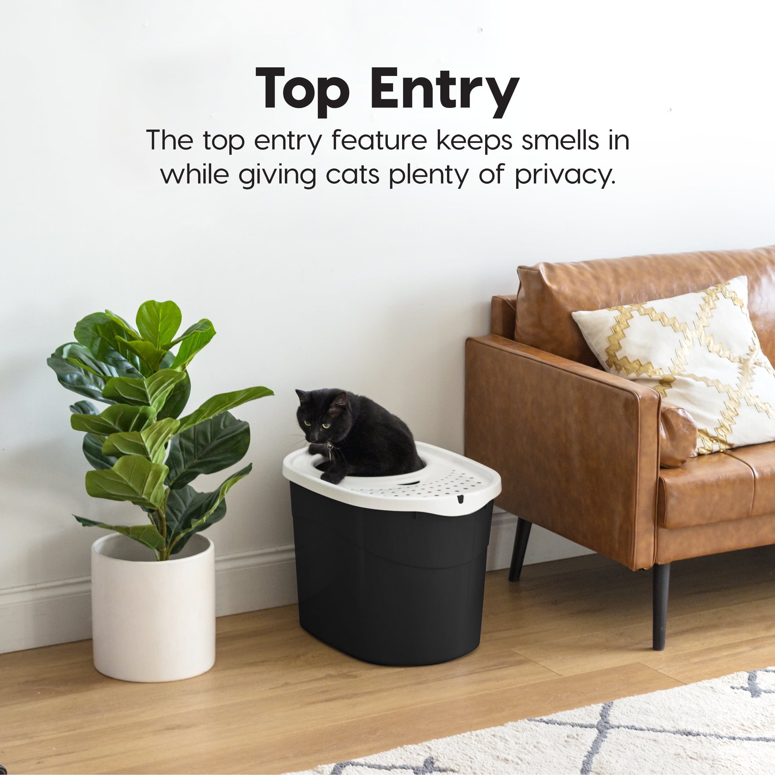 IRIS Large Top Entry Cat Litter Box with Litter Catching Lid & Scoop|Enclosed Design, Black/White