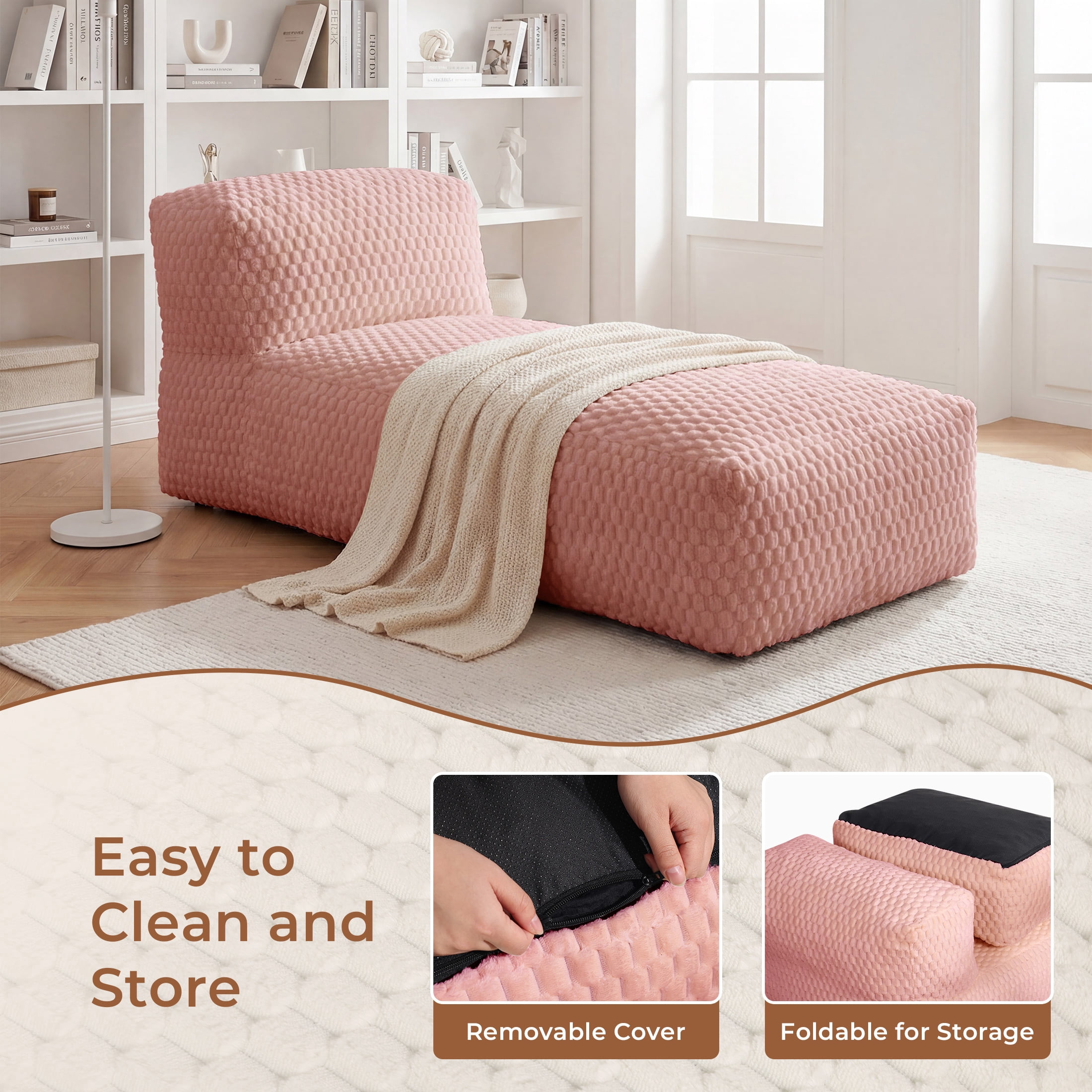 Poshby Big Bean Bag Lounger Chair for Adults, Large Flannel Plush Beanbag Sofa Chair for Living Room or Bedroom, Pink