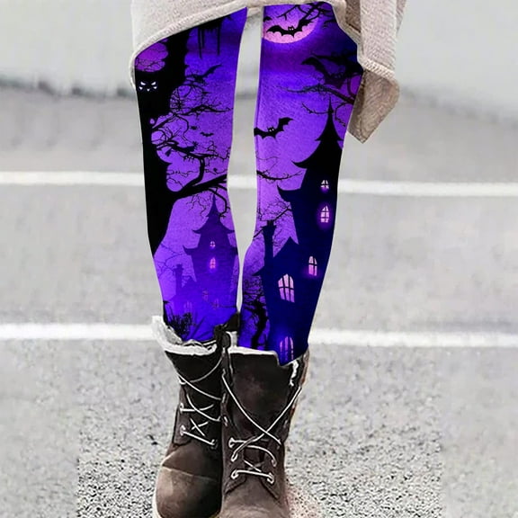 YOIAVAIOY Yoga Pants for Women High Waisted Halloween Leggings Pumkin Ghost Graphic Print Workout Running Athletic Tights Buttery Soft Milk Silk Legging Mint Purple M