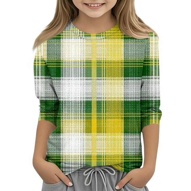 Haut d'Été Graphique T-Shirts K-ids' Jour de la Saint-Patrick Imprimé Col Rond Manches Trois-Quarts T-Shirt Ample (Jaune, 140)