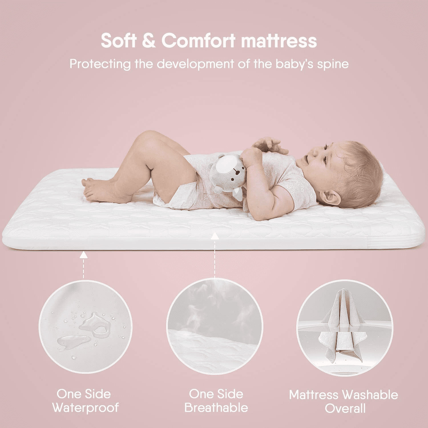 BabyBond Baby Bassinet, 3 in 1 Bassinet Bedside Sleeper with Washable Soft Mattress and Sheet, 6 Height Adjustable Easy Folding Bedside Crib, 4-Sided Mesh Bedside Bassinet for Baby,Pink