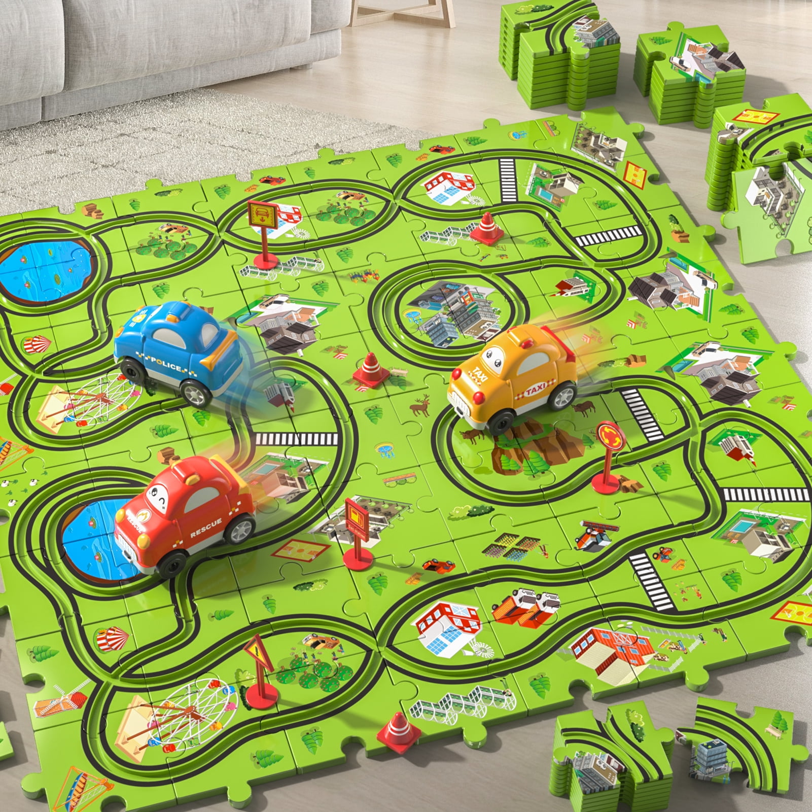iHaHa 73 Pcs Puzzle Race Car Set Toys for Kids Ages 3-6 Years Old Boys, Puzzle Track Toys Gifts for Ages 3 4 5, Race Car Track Toys