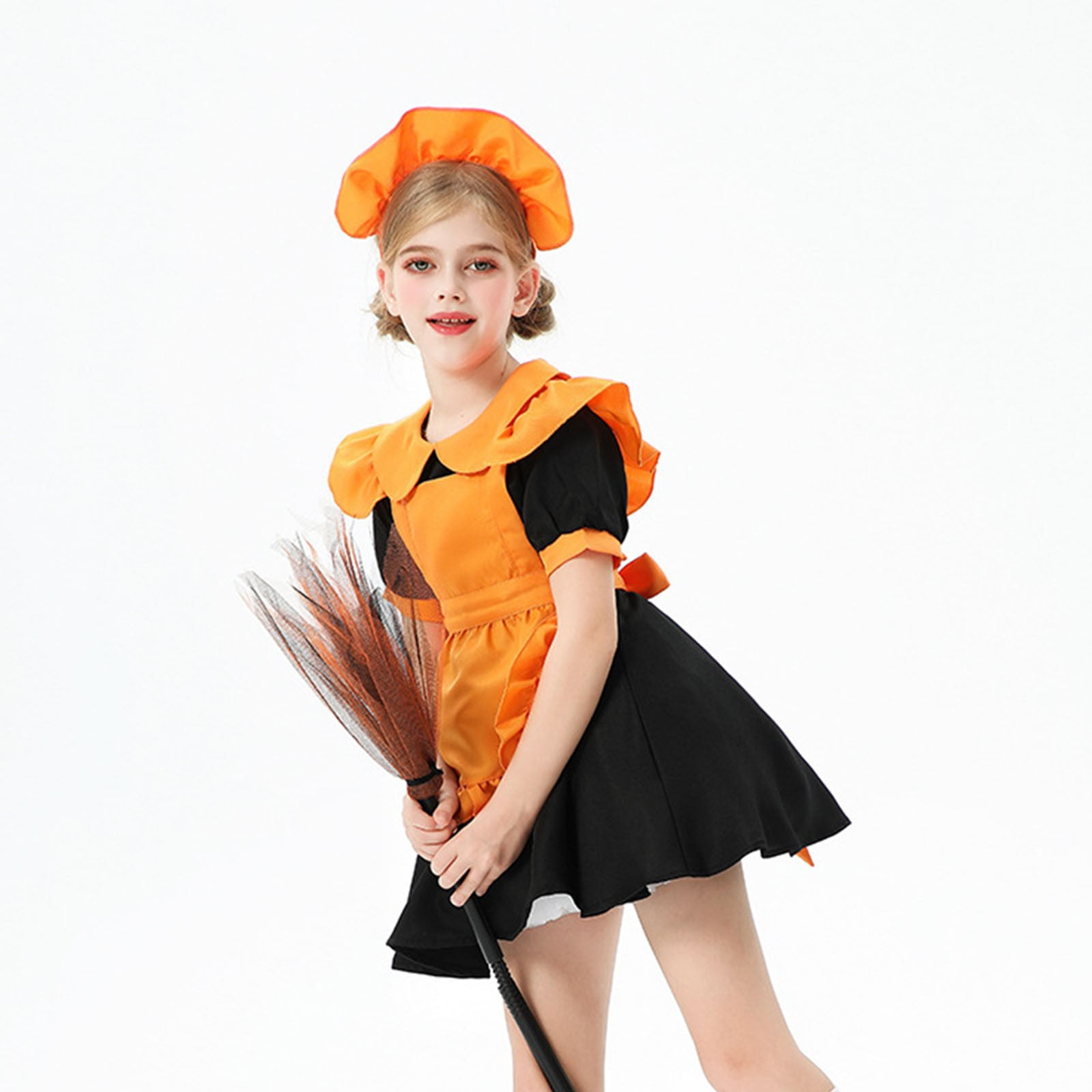 MKOSPLRT Girls Pumpkin Maid Outfits Puff Sleeve Maid Witch Mini