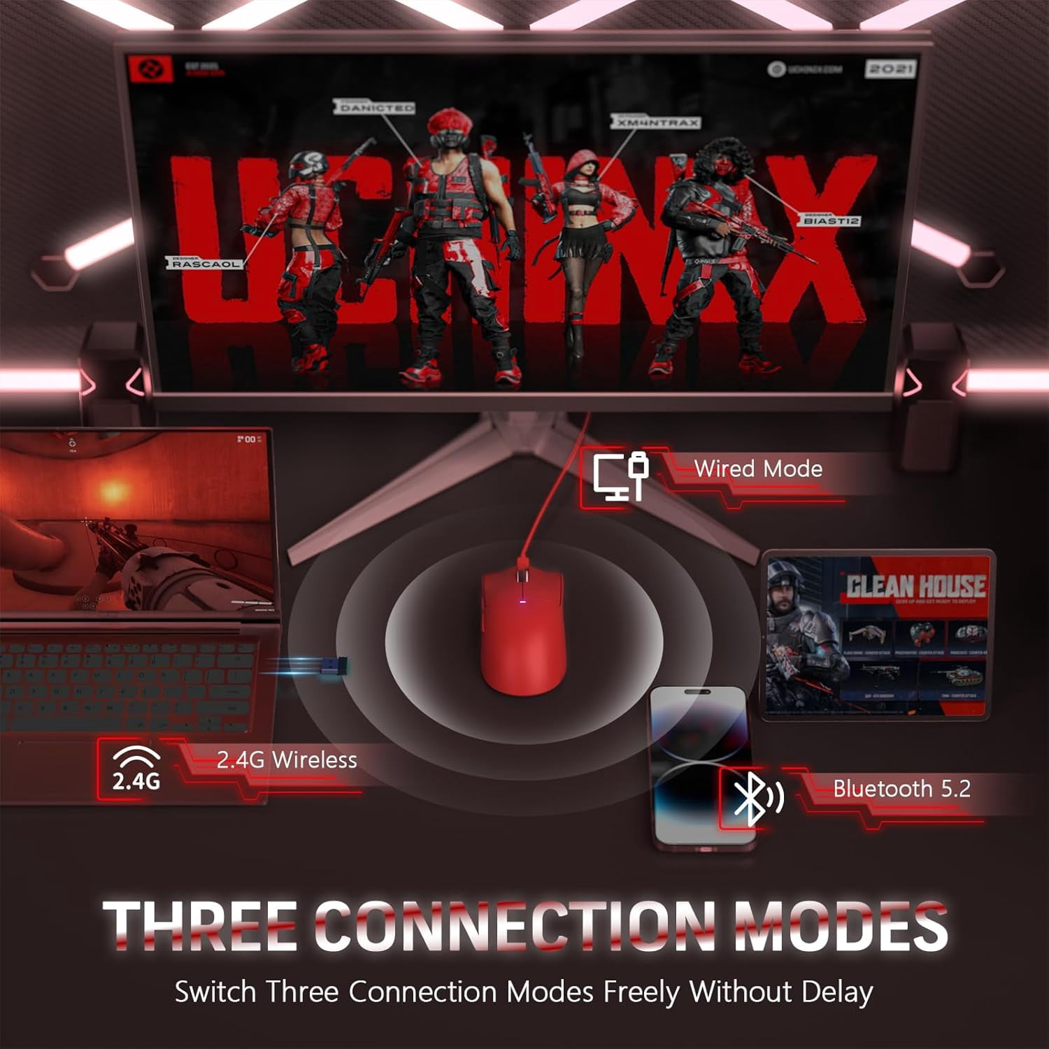 ATTACK SHARK X11 Wireless Gaming Mouse with Charging Dock, PixArt PAW3311 Gaming Sensor, BT/2.4G Wireless/Wired-Red