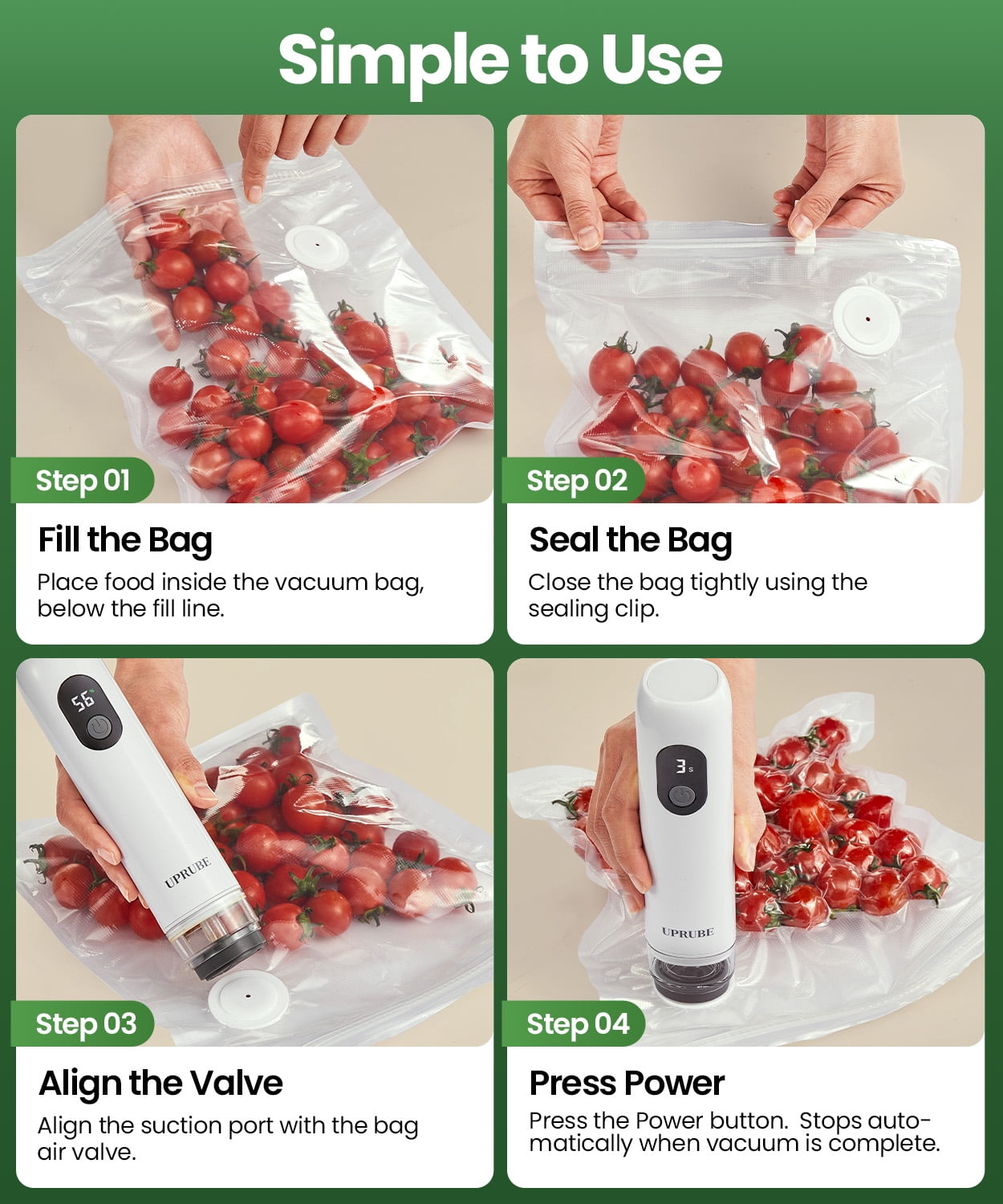 UPRUBE Handheld Vacuum Sealer for Food,Portable Food Vacuum Sealer with LED Display,30 Vacuum Bags Included