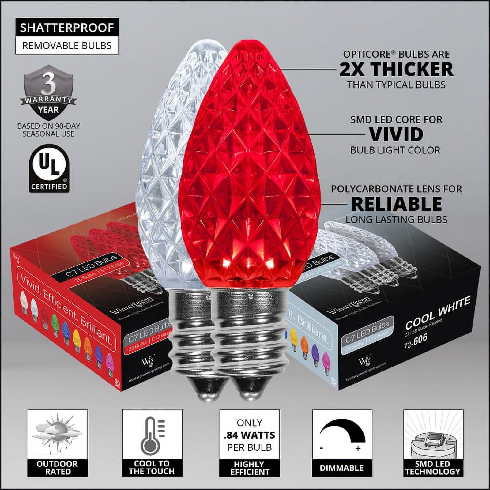 OptiCore C7 Red and White Christmas Lights Cool White, LED String Lights with Shatterproof Christmas Bulbs, 50 Lights, 50ft