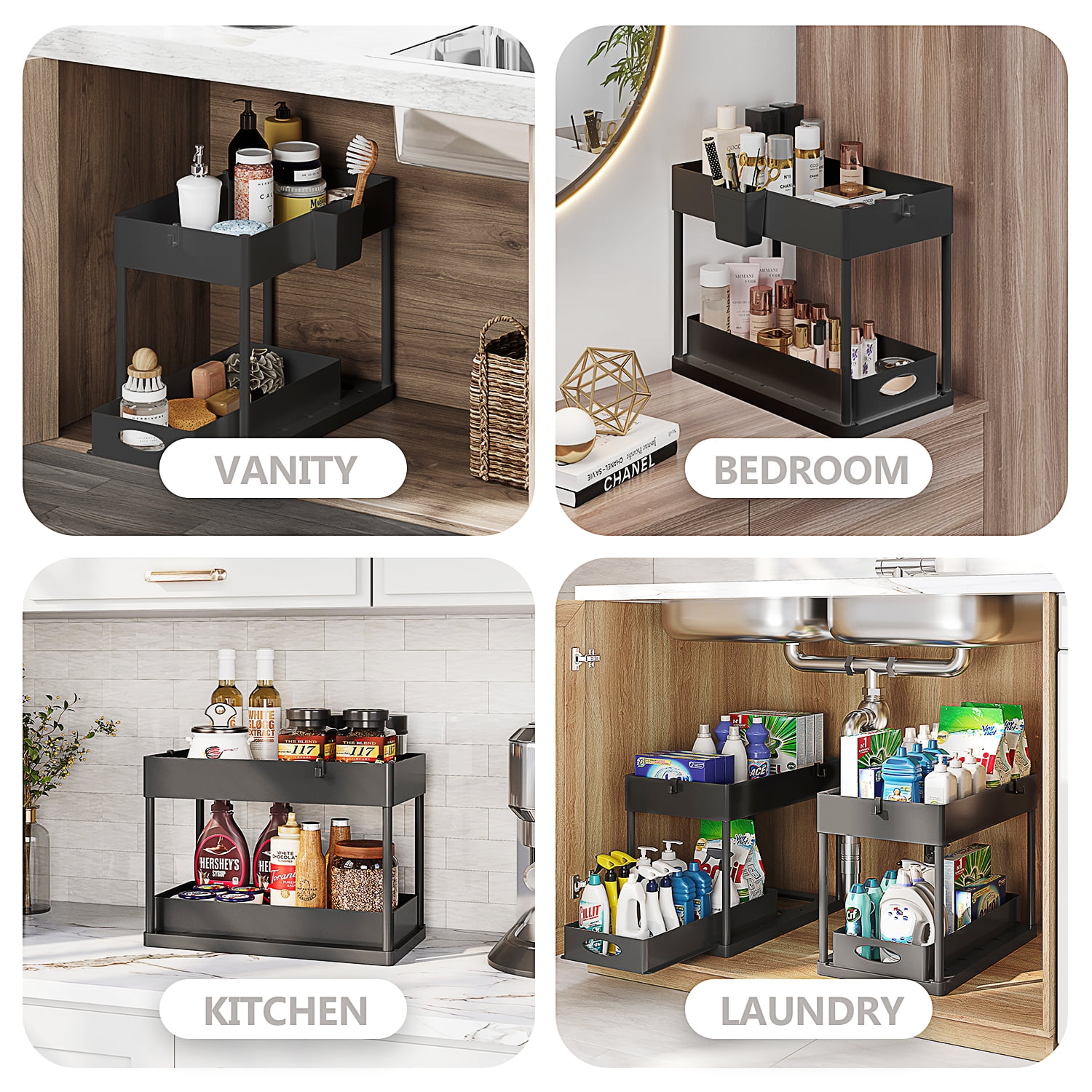 Storage Bud Under Sink Organizer and storage, Pull Out Bathroom Cabinet Organizer, Under Sink Storage for Kitchen Bathroom Cabinet, Under Cabinet Organizer, Black