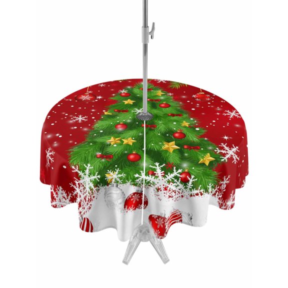 Outdoor Tablecloth with Umbrella Hole and Zipper, Christmas Tree Round Table Cloth 54 Inch Waterproof Tablecloth, Red Winter Pine Branches Balls Snowflakes Picnic Table Cover for Patio Camping