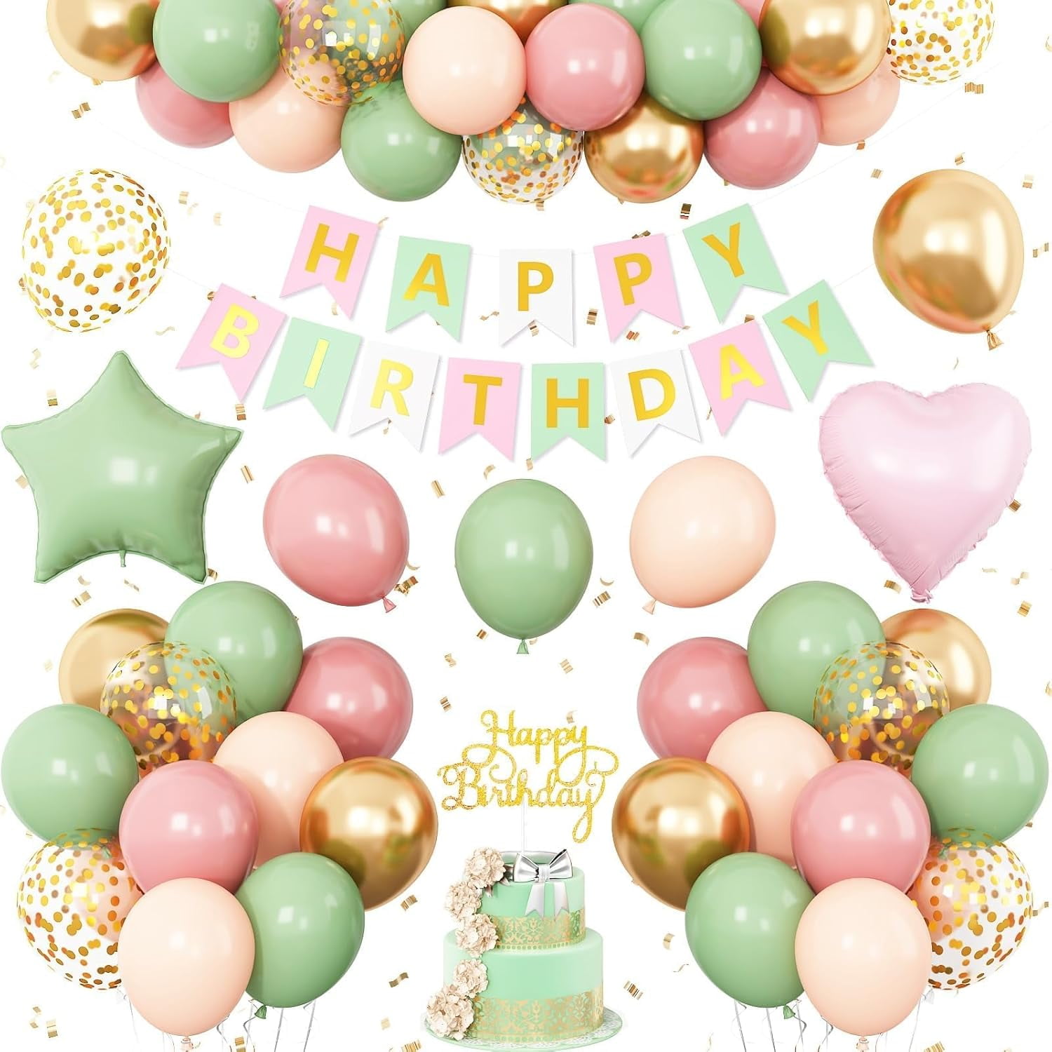 Pink and Green Birthday Decorations Sage Green Retro Pink Balloons Decor Happy Birthday Banner Star Heart Foil Balloon Cake Topper Party Supplies for Women Girl Boys Baby Shower