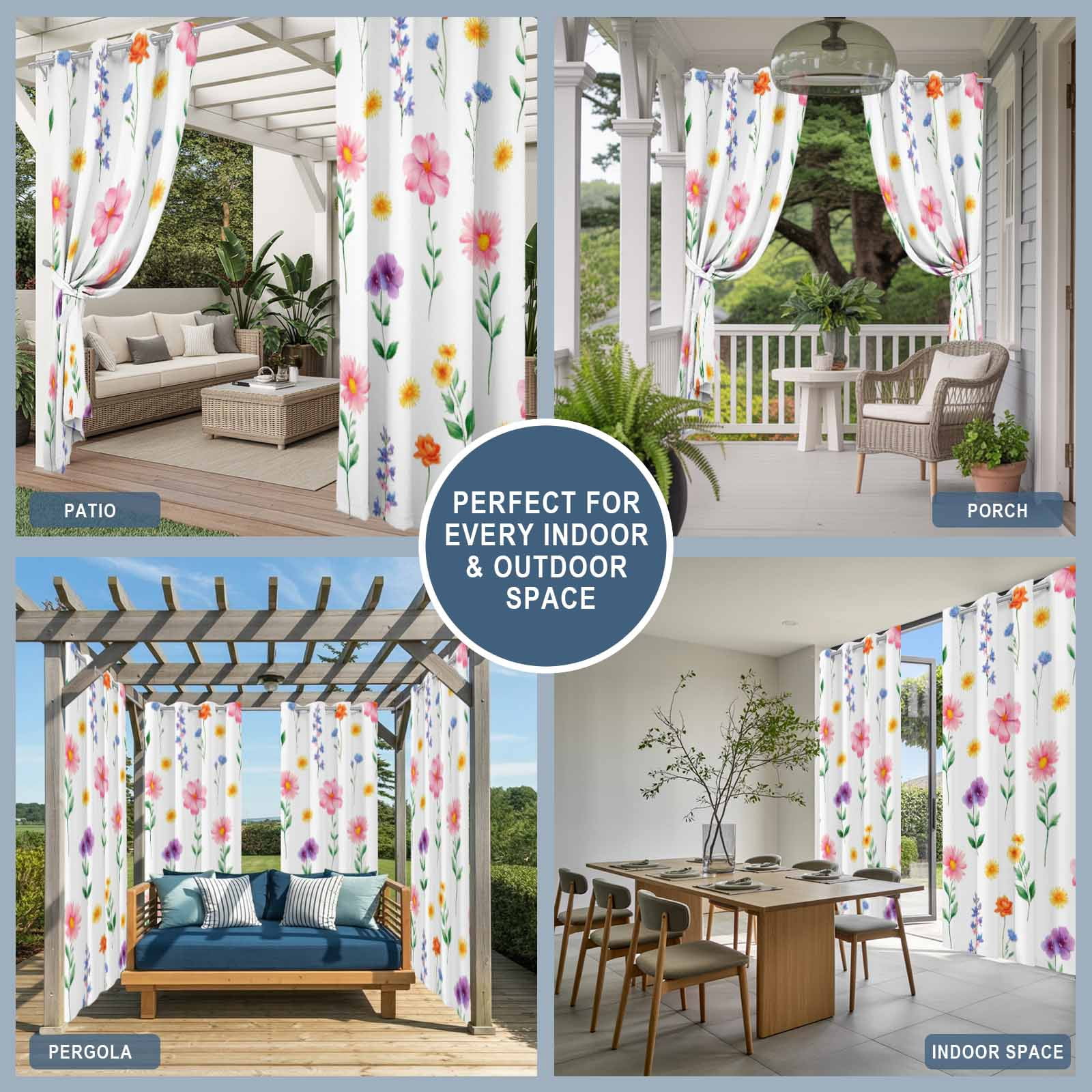 Spring Summer Wildflowers Outdoor Curtains for Patio, Pink Green Yellow Floral Sunshade Privacy Drapes Grommet Waterproof Outside Curtains for Porch/Cabana/Balcony 54"x 95", 2 Panel
