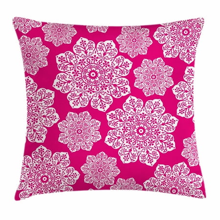 Hot Pink Cushion Covers Hot Pink Throw Pillow Cushion Cover, White Floral Design Ornate Mandala Inspired Round Motifs Traditional Pattern, Decorative Square Accent Pillow Case, 18 X 18 Inches, Hot Pink White, by Ambesonne ()