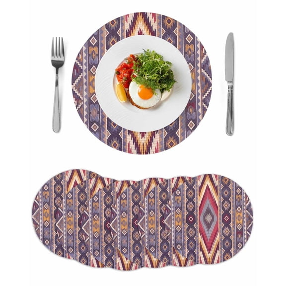 Southwest Aztec Round 15 Inch Placemats Set of 6, Country Retro Ethnic Geometric Motifs HeatResistant Non Slip Place Mats for Dining Table, Wipeable Braided Kitchen Table Mats for Housewarming