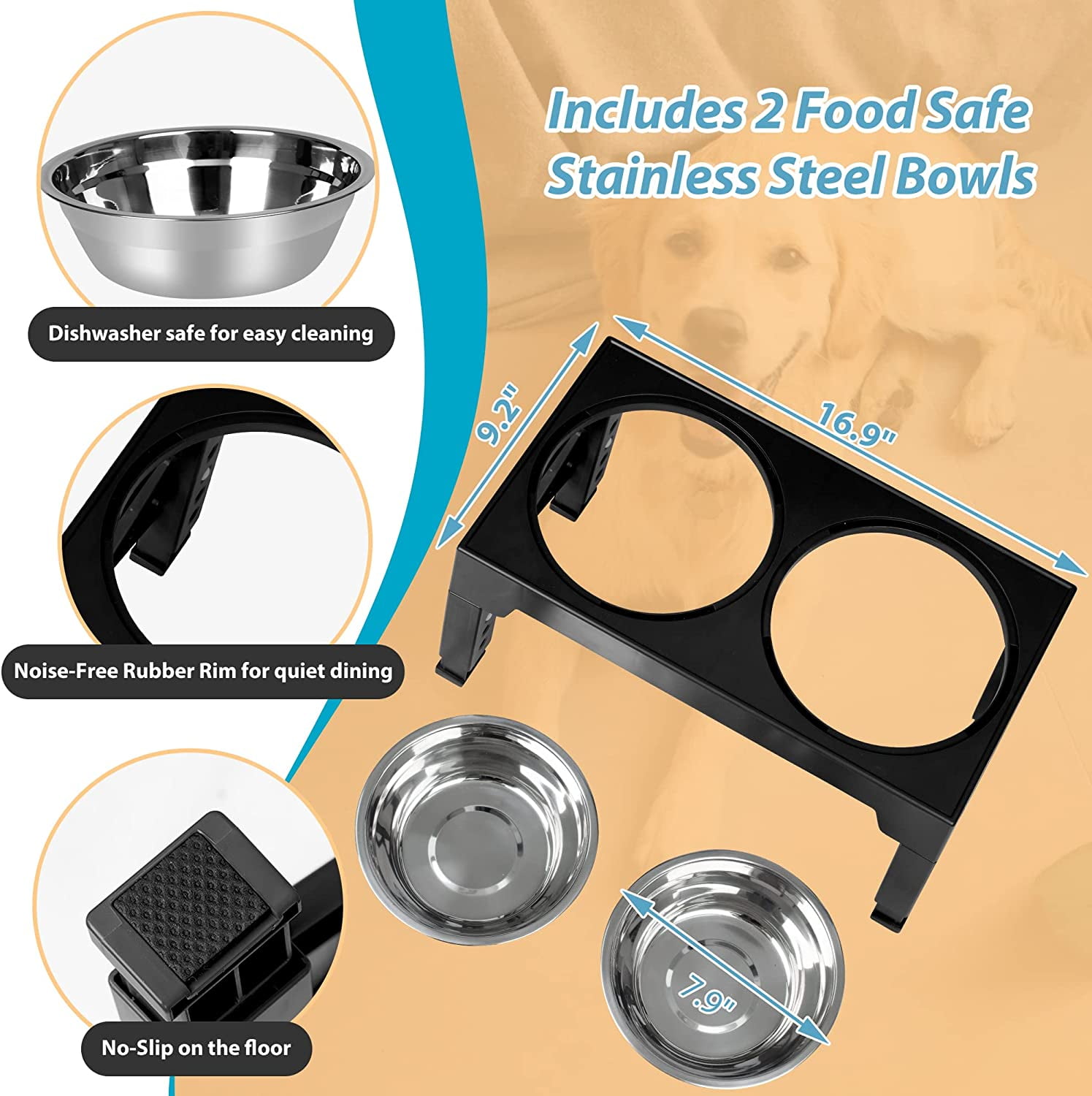 Elevated Dog Bowls with 2 Stainless Steel Dog Food Bowls, Raised Dog Bowl Adjusts to 5 Heights (3.2", 8.7", 9.8",11.02", 12.2") for Small Medium and Large Dogs, Black
