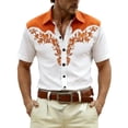 thumbnail image 2 of HOWPAY Mens Button down Shirt Short Sleeve Western Cowboy Print Beach Vacation Tops Stretch Casual Loose Fit Oversized Soft Summer Clothes Orange L, 2 of 4