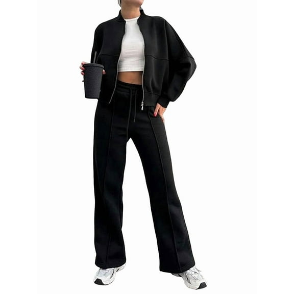 Lounge Sets for Women Sweatsuit 2 Piece Outfits Sweatshirt Wide Leg Sweatpant Tracksuit Matching Set Black S