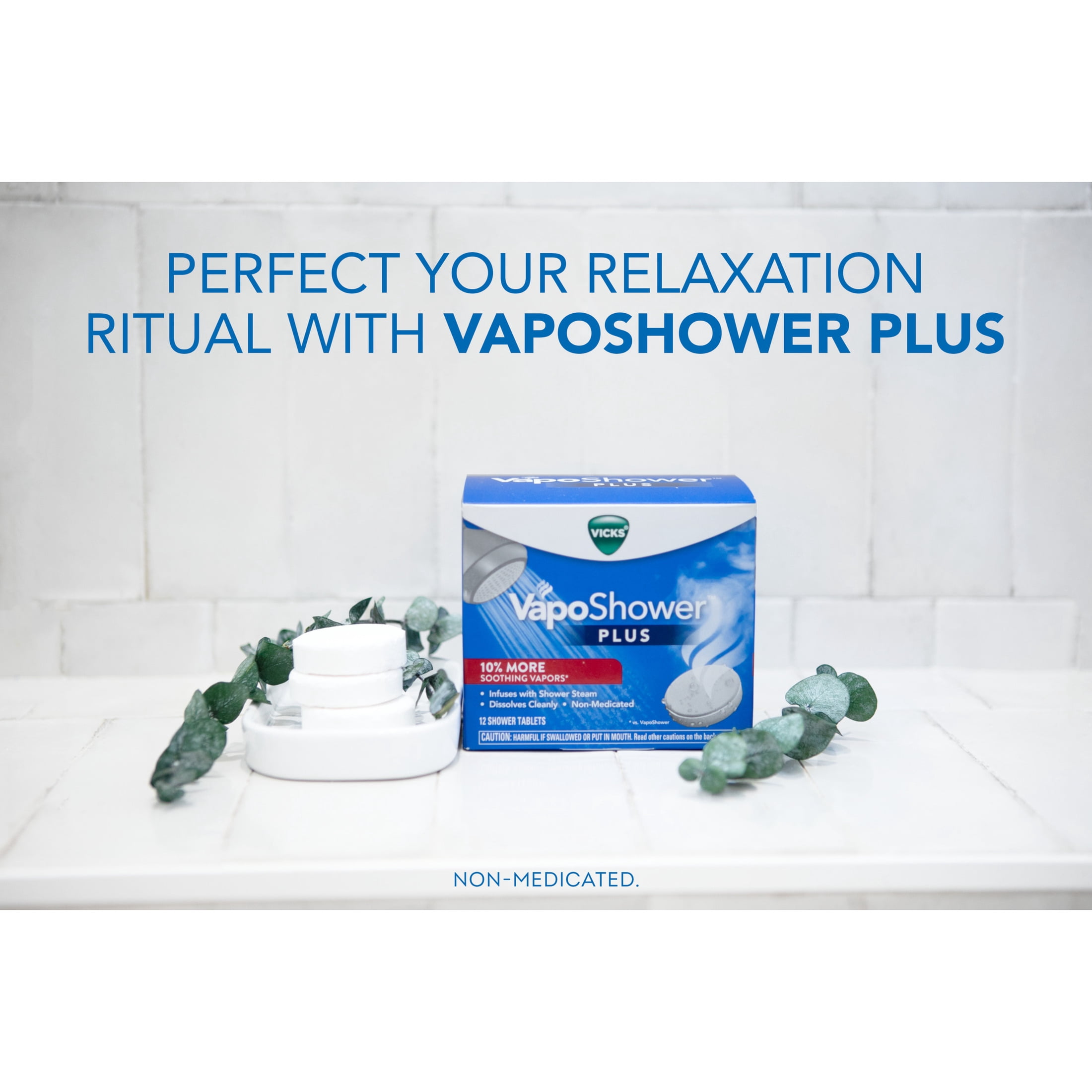 Vicks VapoShower Tablets Plus, Soothing Non-Medicated Vapor Steamers with Menthol, 12 Count