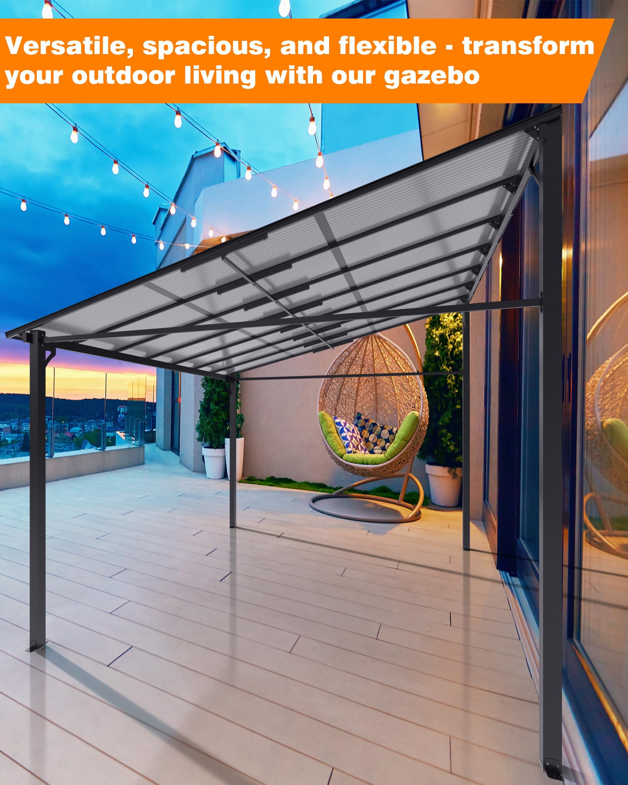 12’ x 20’ Gazebo, Wall Mounted Gazebos Pergola, Aluminum Frame, Outdoor Patio Lean to Gazebo Awnings for Deck, Porch, Backyard and More