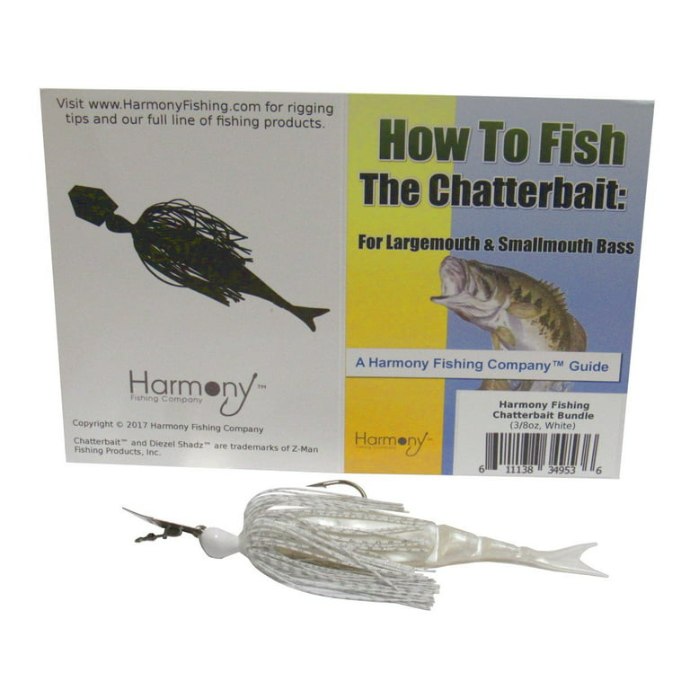 Harmony Fishing Company Chatterbait Kit - Z-Man 3/8oz Chatterbait + Z-Man Razor ShadZ + How to Fish The Chatterbait Guide (White)