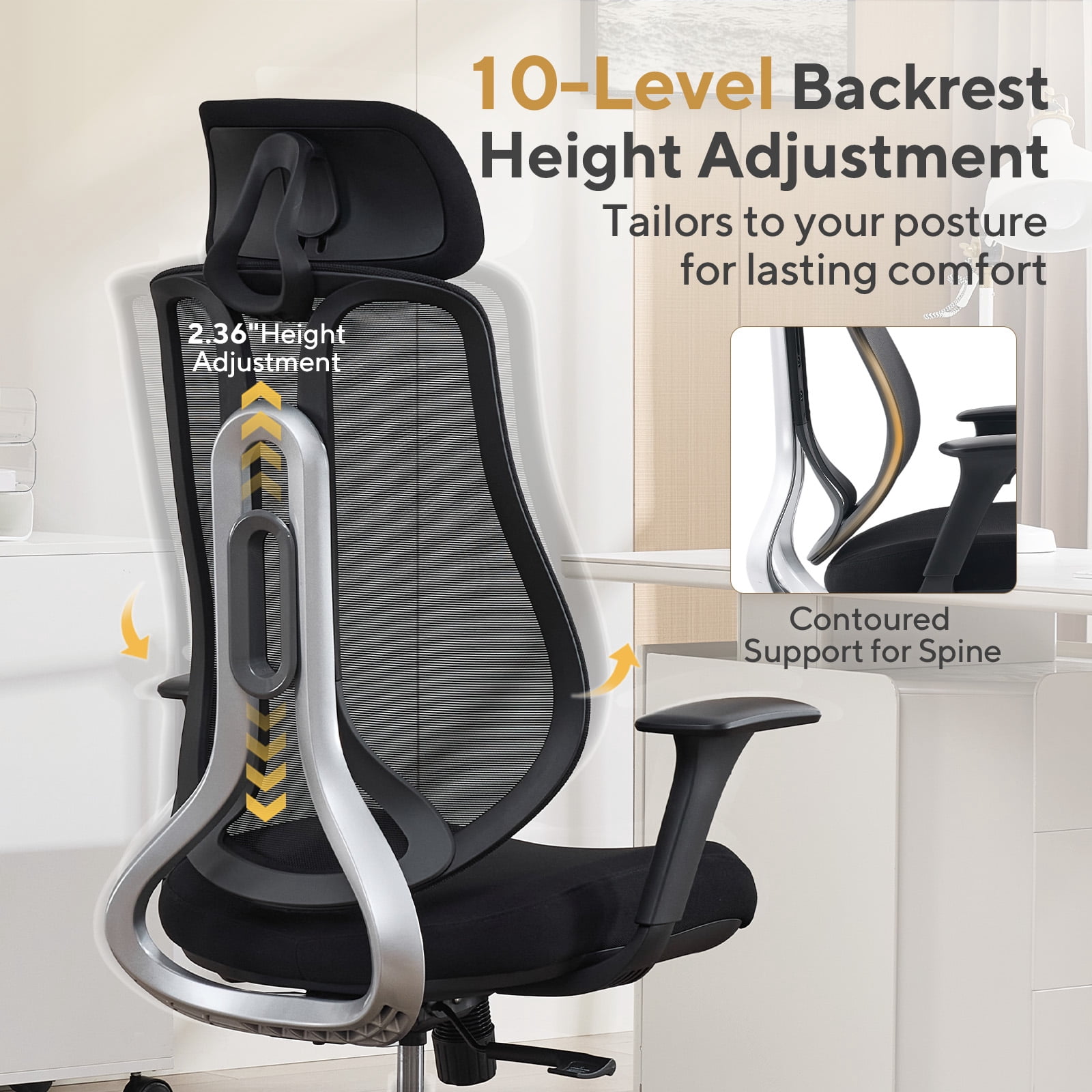 Nouhaus Strato Black High Back Ergonomic Mesh Office Chair with 10-Level Height Adjustment & 3D Armrests for Home Office & Study Room