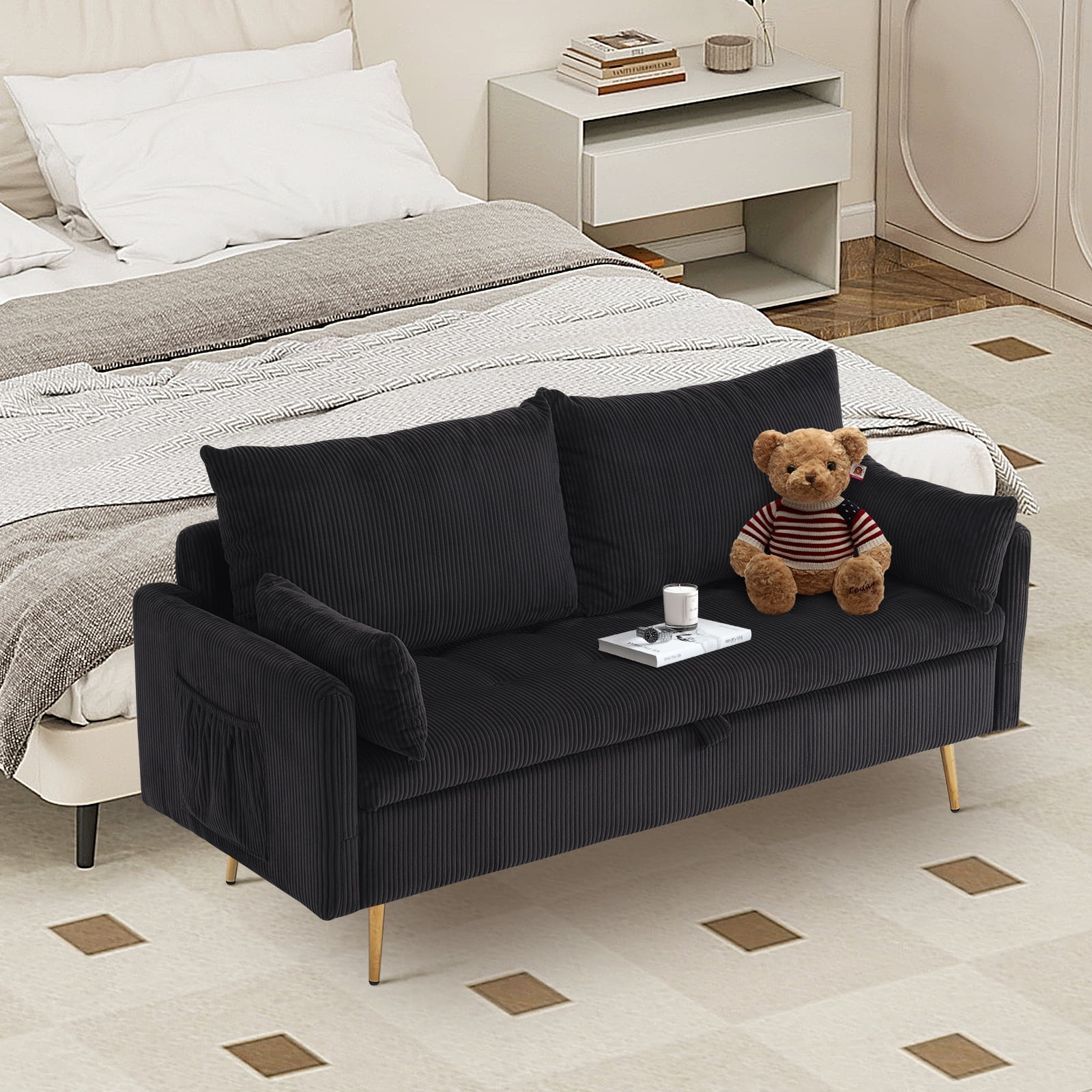 Furniliving Loveseat Sofa, Comfy Teddy Fleece Love Seat Couch, Sofas Couch with 2 Pillows for Small Space, Black