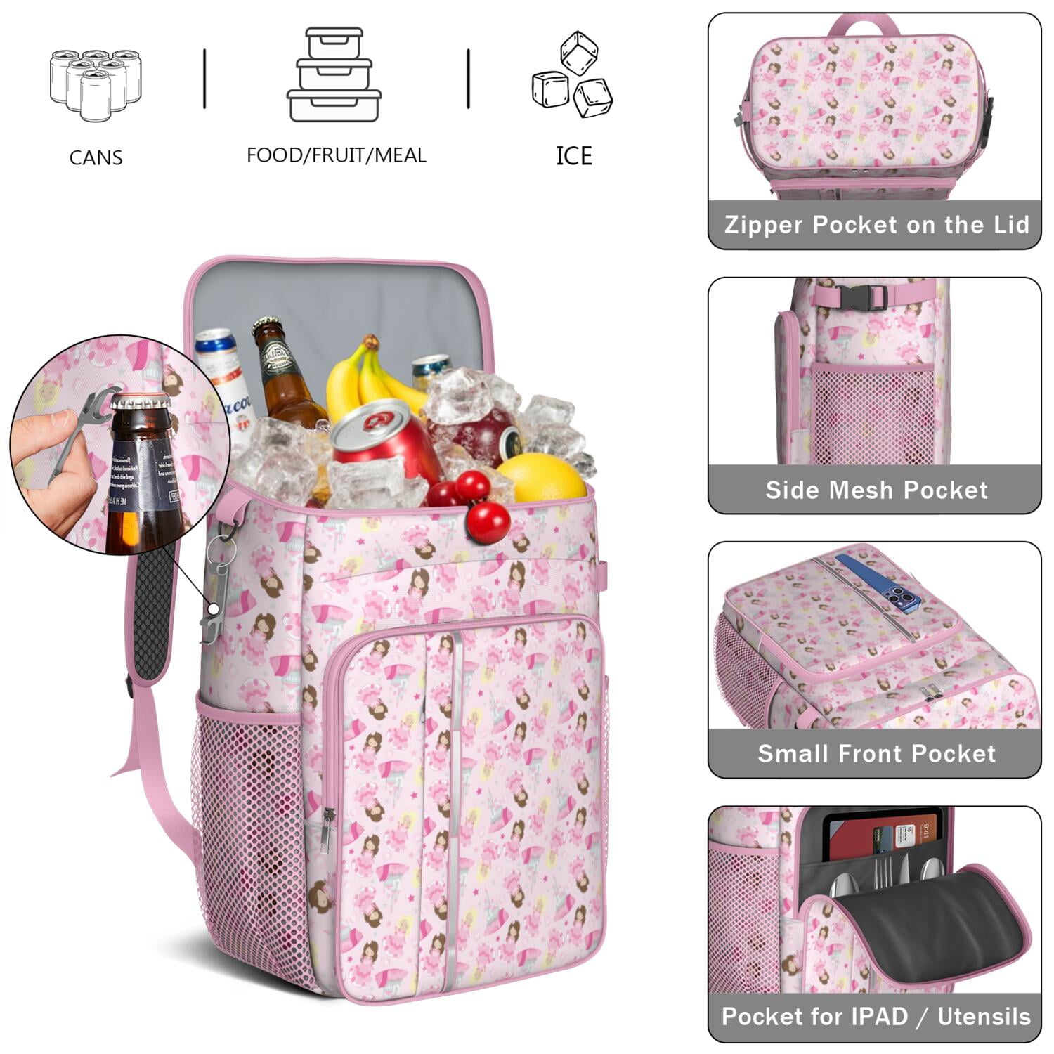 Travel Cooler Bag - Princess Castle Pattern Camping Beer Cooler Backpack with Bottle Opener- Waterproof Insulated Picnic Backpacks - Cooler Bag for Beach