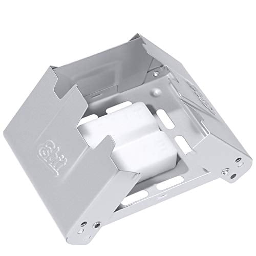 estufa de bolsillo esbit con combustible sólido 2x 27g gris Vista superior frontal de la estufa Esbit en gris, abierta con dos pestañas de combustible sólido blancas de 27 g en la cavidad; cuerpo de acero galvanizado con ranuras y soportes ajustables, parabrisa plegable visible y dos posiciones de calor para tazas y ollas pequeñas en camping. También suele usarse para calentar recipientes compactos en excursiones cortas.