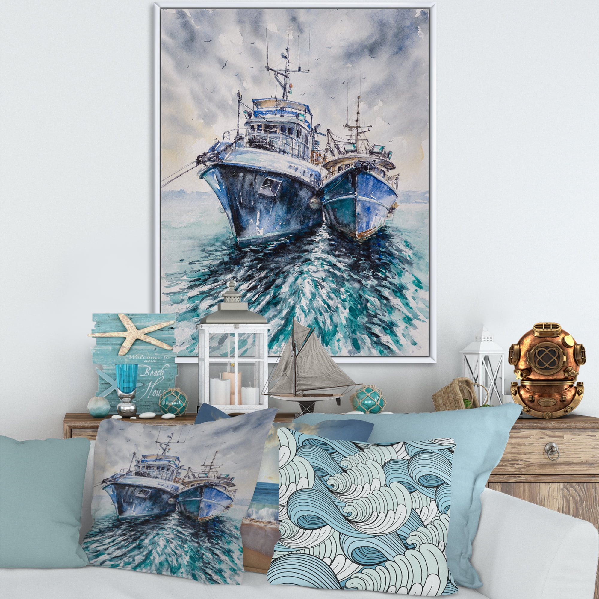 Designart 'Blue Fishing Boats Before A Storm Anchored' Nautical & Coastal Framed Canvas Wall Art Print