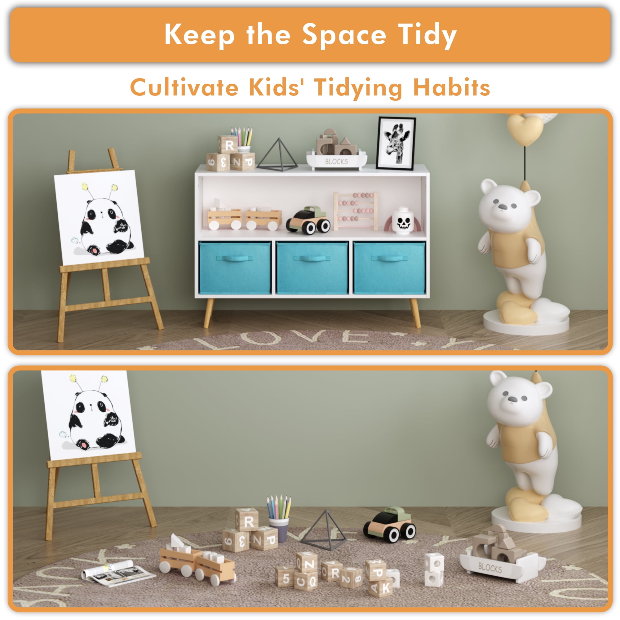 Miniyam Kids Bookcase with Storage Bins, 3 Fabric Drawers, Wooden Toy Organizer for Kids Room, Blue