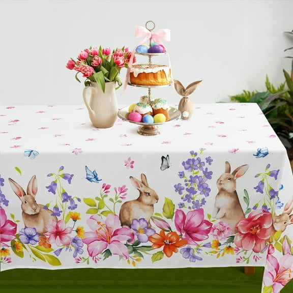 Easter Tablecloth, Fabric Spring Floral Easter Coloring Bunny Rectangle Table Cloth For Easter Dining Room Decorations, Waterproof Wrinkle Free Easter Tablecloth Rectangle 60 X 102 Easter Table Cover