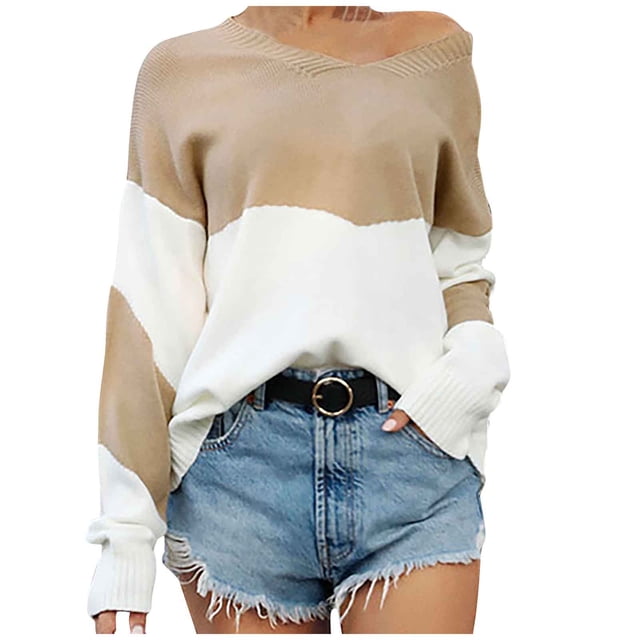 IROINID Women's V-Neck Pullover Sweater Solid Color Loose Short Length Long Sleeve Matching Sweater