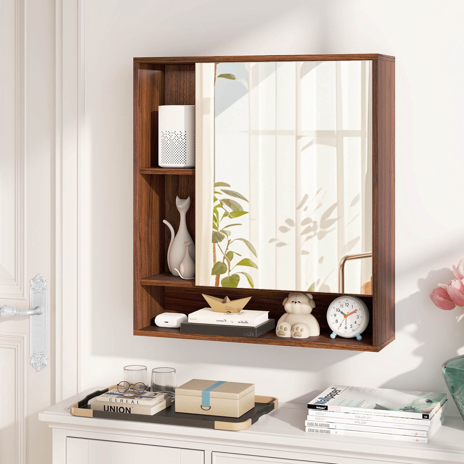 Costway Bathroom Wall Cabinet with Mirror, Single Door, 3 Open Shelves & Adjustable Shelf Walnut
