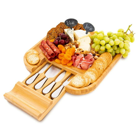 Bamboo Cheese Board and Cutlery Set - Includes 4 Stainless Steel Knives in Slide-Out Drawer - Meat and Fruit Serving Platter - Perfect Gift for Wedding, Anniversary, Thanksgiving, Xmas -