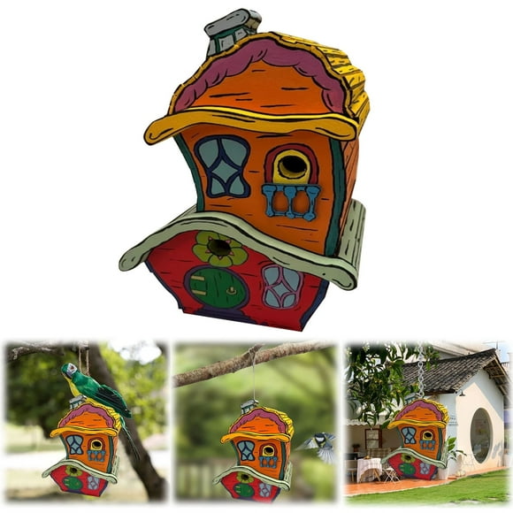 Ceimmolca Wooden Handmade Birdhouse Whoville Wood Decorative Large Blue Bird Houses Nests For Outside With Pole Hanging Cedar House Kits Owl Wren Nesting Box Outdoors Tree, Orange