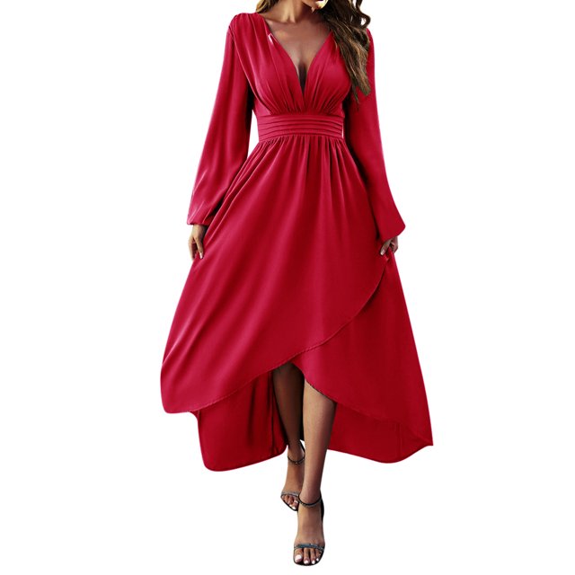 Gibobby Vestidos de fiesta largos Vestido de otoño-invierno cómodo y elegante de manga larga con cuello en V de Color sólido para mujer(Rojo,XL)