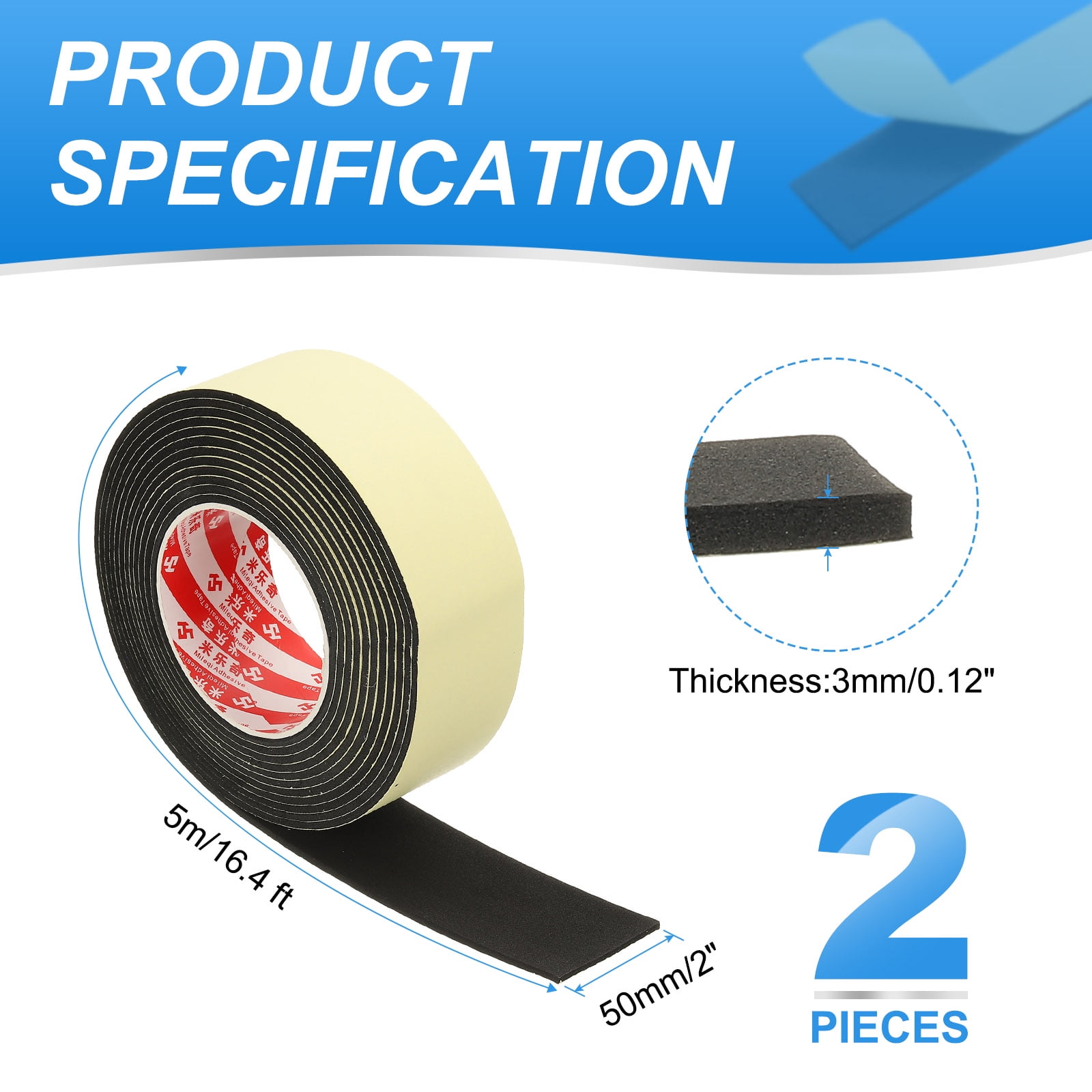 2 Inch x 16.4 Ft Weather Stripping Door Seal Strip, 2 Roll 3mm Thick EVA Self Adhesive Foam Seal Tape for Door Window Insulation, Black
